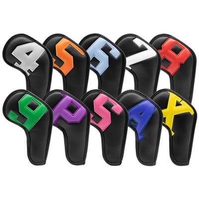 Black covers with various colored numbers, Premium PU Leather Golf Iron Headcover Set (10pcs) | Numbered 4-9, P, S, A, X | Protective Club Covers for
