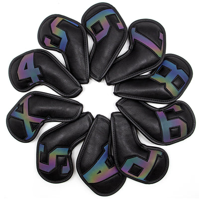 Black covers with Laser numbers, Premium PU Leather Golf Iron Headcover Set (10pcs) | Numbered 4-9, P, S, A, X | Protective Club Covers for Irons