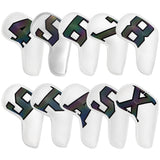 White covers with  Laser numbers, Premium PU Leather Golf Iron Headcover Set (10pcs) | Numbered 4-9, P, S, A, X | Protective Club Covers for Irons