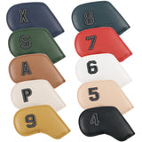 Premium PU Leather Golf Iron Headcover Set (10pcs) | Numbered 3-9, P, S, A | Protective Club Covers for Irons - Front View