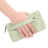 Women's Large Capacity Double Zip Wallet Clutch | PU Leather Floral Embossed Wristlet | Phone Holder with 24 Card Slots - Black - Front View