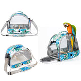 Stylish Leaf Print Clear View Bird Carrier - Portable Travel Cage with Perch & Tray for Parrots, Cockatiels & Small Pets - Front View
