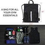 Black Multi-Pocket Drawstring Backpack Gym Bag with Zipper Compartments, Bottle Holders & Reflective Strip - Front View