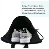 Black Multi-Pocket Drawstring Backpack Gym Bag with Zipper Compartments, Bottle Holders & Reflective Strip - Side View