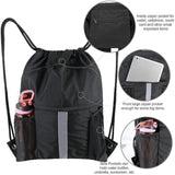Black Multi-Pocket Drawstring Backpack Gym Bag with Zipper Compartments, Bottle Holders & Reflective Strip - Top-Down View