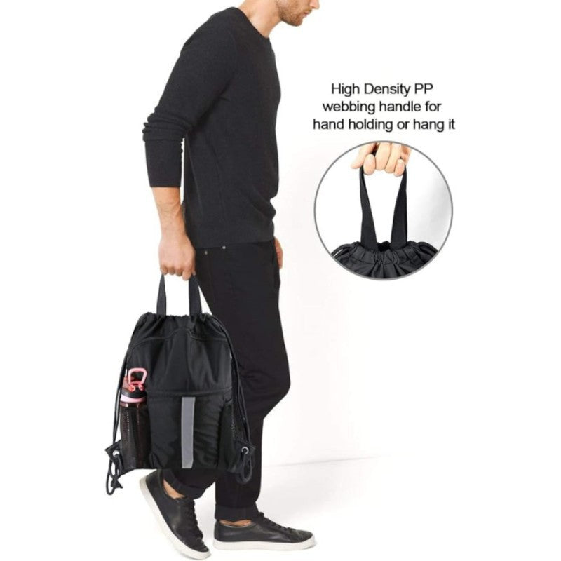Blue Multi-Pocket Drawstring Backpack Gym Bag with Zipper Compartments, Bottle Holders & Reflective Strip