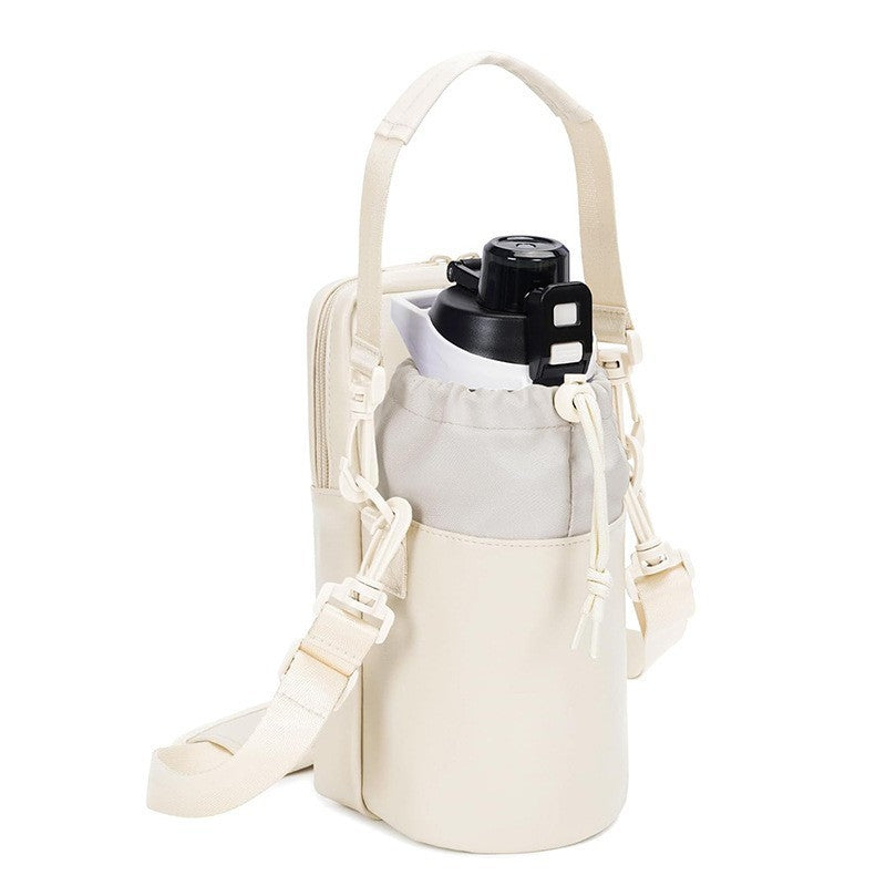 Beige Stylish Water Bottle Carrier Bag with Phone Pocket, Key Clip & Adjustable Strap - Crossbody Sling Holder