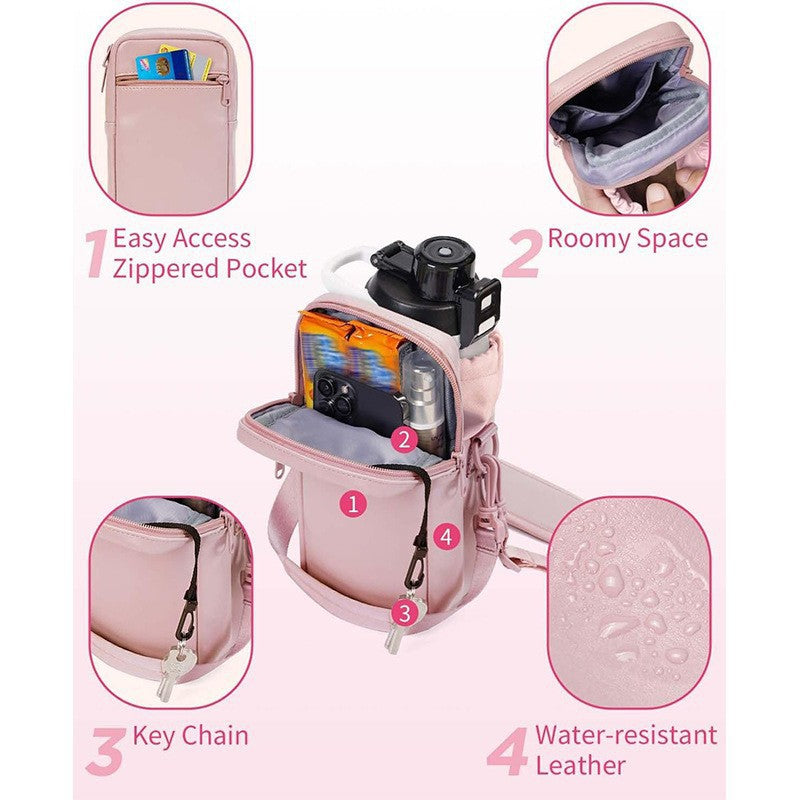 Beige Stylish Water Bottle Carrier Bag with Phone Pocket, Key Clip & Adjustable Strap - Crossbody Sling Holder
