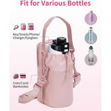 Beige Stylish Water Bottle Carrier Bag with Phone Pocket, Key Clip & Adjustable Strap - Crossbody Sling Holder - 45-Degree Angle