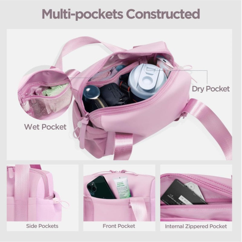Stylish white Mini Gym Bag & Travel Tote - Compact Duffel with Wet Pocket, Luggage Sleeve & Multiple Compartments