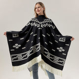 Black Women's Versatile Faux Cashmere Poncho Cape Shawl with Geometric Pattern & Fringe Trim - One Size - 45-Degree Angle
