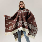 Wine red Women's Versatile Faux Cashmere Poncho Cape Shawl with Geometric Pattern & Fringe Trim - One Size - Front View