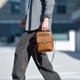 Premium PU Leather Crossbody Bag for Men - Vintage Light Brown Shoulder Bag - Top-Down View