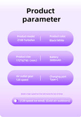 Purple Portable Handheld Fan with 120-Speed Display - USB Rechargeable Mini Cooling Fan for Outdoor Use - 45-Degree Angle
