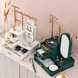 Elegant Green Jewelry Organizer with Mirror - Multi-Layer Storage & Display Stand (25x15x37.5cm) - Front View