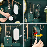 Elegant Green Jewelry Organizer with Mirror - Multi-Layer Storage & Display Stand (25x15x37.5cm) - Top-Down View