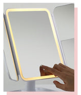 Elegant Tri-Fold Shell LED Vanity Mirror - Smart Makeup Gift with Storage & Illumination - Close-Up Angle
