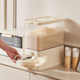 Transparent Cream White Smart Kitchen Rice Dispenser - Automatic Press-Style Rice Storage Bin - Front View