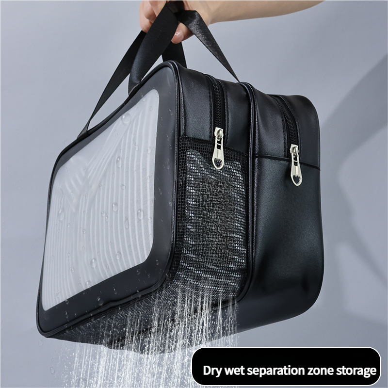 2PCS Dual-Layer Transparent PU Cosmetic Pouch - Wet and Dry Separation, Large size(31*15*20cm)- Pink