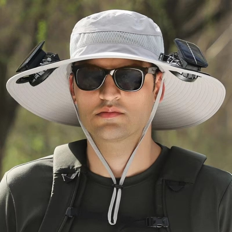 Grey Outdoor Sun Hat with Solar Fan Wide Brim 12cm - Rechargeable Cooling Cap for Fishing Hiking & Gardening - Adjustable 56-60cm