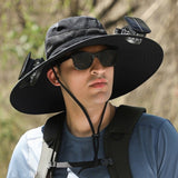 Grey Outdoor Sun Hat with Solar Fan Wide Brim 12cm - Rechargeable Cooling Cap for Fishing Hiking & Gardening - Adjustable 56-60cm - Side View