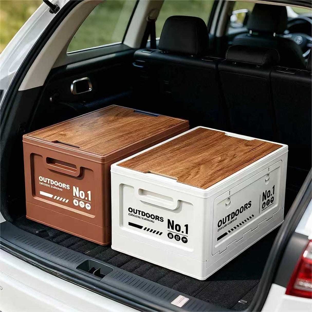 40cm White Multifunctional Foldable Storage Box with Wooden Lid - Collapsible Outdoor Camping Crate, Stackable Home Organizer with Side-Opening Doors for Car Trunk, Picnic and Pantry