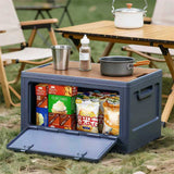 40cm Green Multifunctional Foldable Storage Box with Wooden Lid - Collapsible Outdoor Camping Crate, Stackable Home Organizer with Side-Opening Doors for Car Trunk, Picnic and Pantry