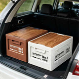 40cm Brown Multifunctional Foldable Storage Box with Wooden Lid - Collapsible Outdoor Camping Crate, Stackable Home Organizer with Side-Opening Doors for Car Trunk, Picnic and Pantry