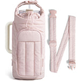 Light Pink Quilted Water Bottle Carrier Bag with Large Phone Pocket - Insulated Tumbler Pouch with Adjustable Shoulder Strap - Crossbody Water Bottle Holder for18oz to 64ozTumblers, Gym, and Travel