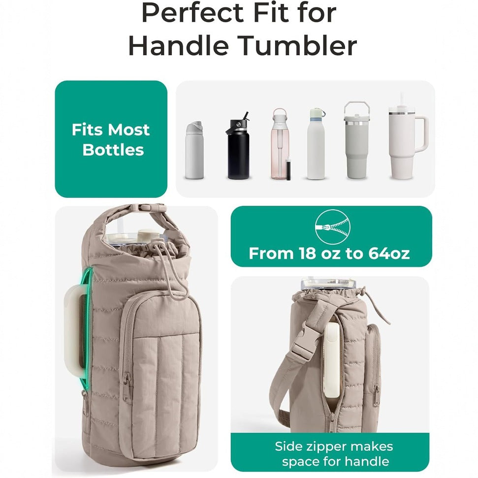 purple Quilted Water Bottle Carrier Bag with Large Phone Pocket - Insulated Tumbler Pouch with Adjustable Shoulder Strap - Crossbody Water Bottle Holder for18oz to 64ozTumblers, Gym, and Travel