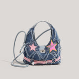 Trendy Denim Crescent Bag - Distressed Star Punk Style Crossbody Handbag - Chic Small Hobo Bag for Women - Spicy Girl Streetwear Aesthetic