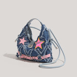 Trendy Denim Crescent Bag - Distressed Star Punk Style Crossbody Handbag - Chic Small Hobo Bag for Women - Spicy Girl Streetwear Aesthetic - Front View