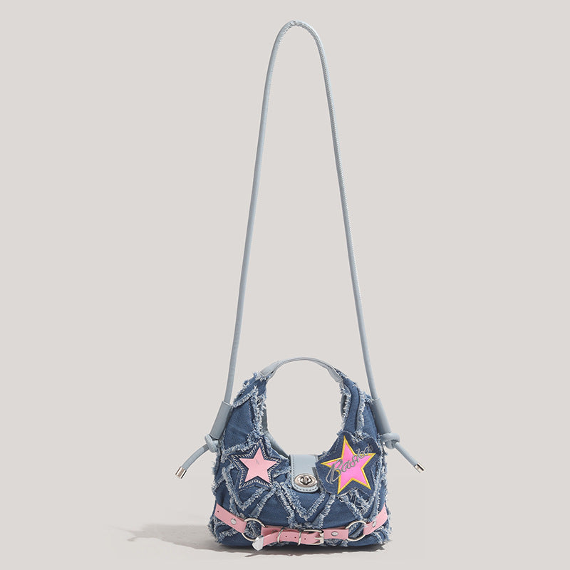 Trendy Denim Crescent Bag - Distressed Star Punk Style Crossbody Handbag - Chic Small Hobo Bag for Women - Spicy Girl Streetwear Aesthetic