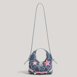 Trendy Denim Crescent Bag - Distressed Star Punk Style Crossbody Handbag - Chic Small Hobo Bag for Women - Spicy Girl Streetwear Aesthetic - Side View