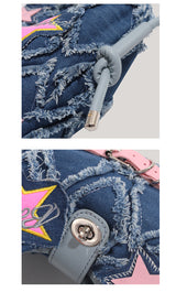 Trendy Denim Crescent Bag - Distressed Star Punk Style Crossbody Handbag - Chic Small Hobo Bag for Women - Spicy Girl Streetwear Aesthetic - Top-Down View