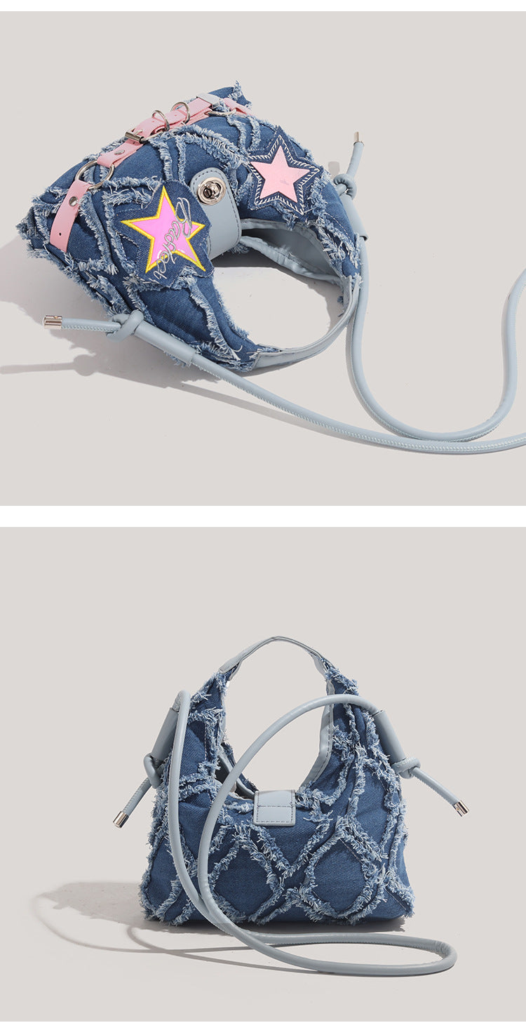Trendy Denim Crescent Bag - Distressed Star Punk Style Crossbody Handbag - Chic Small Hobo Bag for Women - Spicy Girl Streetwear Aesthetic