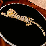 Luxury Vintage Large Tiger Brooch - 10-Inch Pouncing Wild Cat Pin with Sparkling Crystal Rhinestones and Gold-Tone Finish - Statement Animal Jewelry for Coats and Suits - Top-Down View