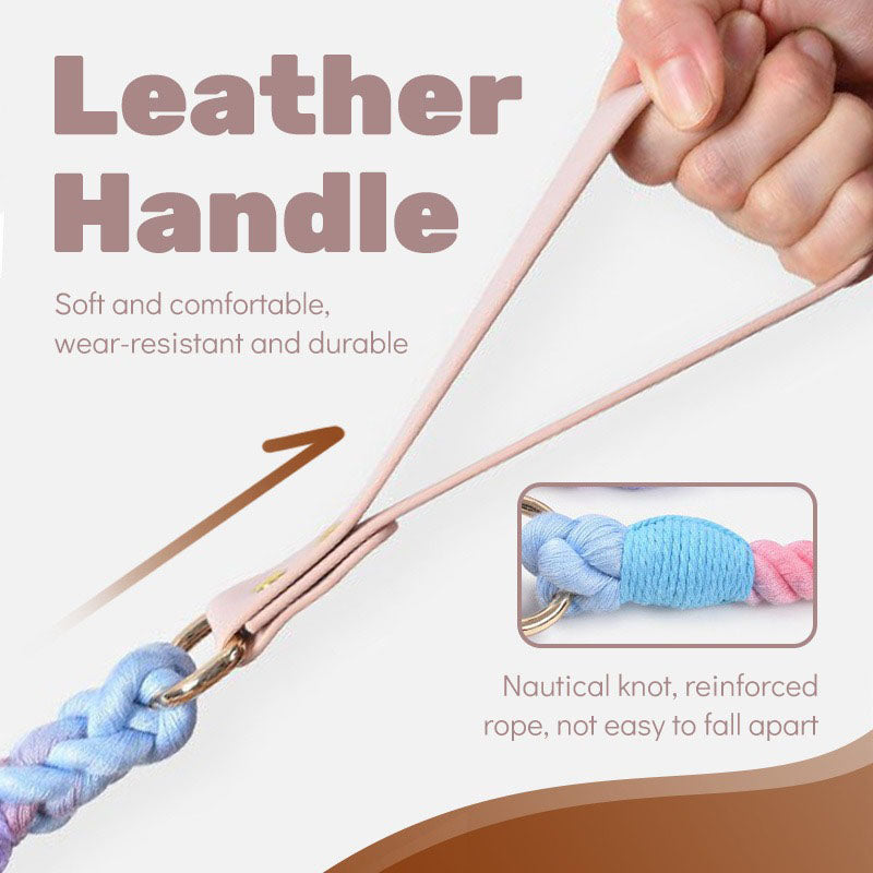 Grey Hand-Woven Rainbow Cotton Rope Dog Leash and Collar Set - Adjustable Veg-Tanned Leather Trim with Heavy Duty Metal Hardware - 150cm Training Lead and S Size Collar