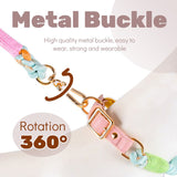 Grey Hand-Woven Rainbow Cotton Rope Dog Leash and Collar Set - Adjustable Veg-Tanned Leather Trim with Heavy Duty Metal Hardware - 150cm Training Lead and S Size Collar - Top-Down View