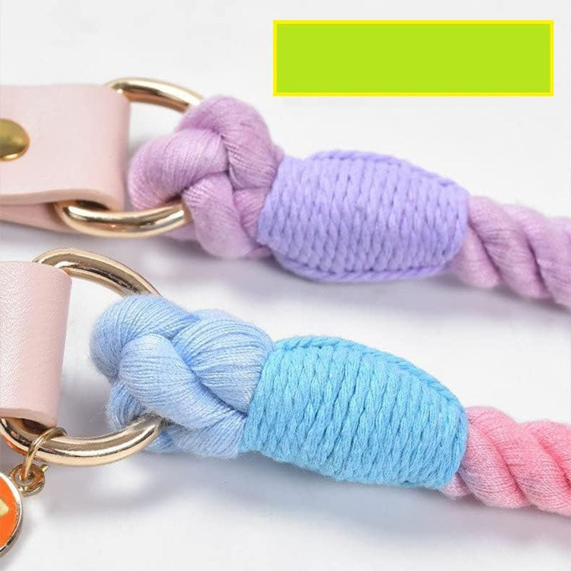Grey Hand-Woven Rainbow Cotton Rope Dog Leash and Collar Set - Adjustable Veg-Tanned Leather Trim with Heavy Duty Metal Hardware - 150cm Training Lead and S Size Collar