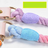 Grey Hand-Woven Rainbow Cotton Rope Dog Leash and Collar Set - Adjustable Veg-Tanned Leather Trim with Heavy Duty Metal Hardware - 150cm Training Lead and S Size Collar - Rear View