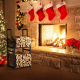 Heavy Duty 2-Tier Firewood Rack - Vertical Log Holder for Indoor Fireplace and Outdoor Fire Pit - Modern Metal Wood Storage Organizer for Camping, Patio, and Living Room - Front View