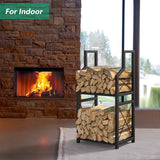 Heavy Duty 2-Tier Firewood Rack - Vertical Log Holder for Indoor Fireplace and Outdoor Fire Pit - Modern Metal Wood Storage Organizer for Camping, Patio, and Living Room - Side View
