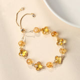 Natural  Yellow Crystal Four-Leaf Clover Bracelet - Elegant Adjustable Silver-Tone Bolo Jewelry for Women - Versatile Quartz Bead Charm Bracelet, Perfect Mother's Day Gift