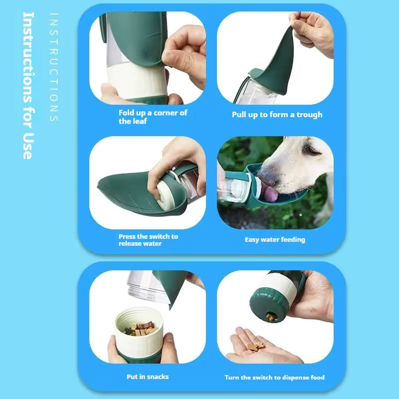 Green 2-in-1 Portable Dog Water Bottle and Food Container - Leaf-Shaped Silicone Travel Bowl for Pets, Leak-Proof Outdoor Dispenser for Walking, Hiking and Traveling, 330ml Capacity