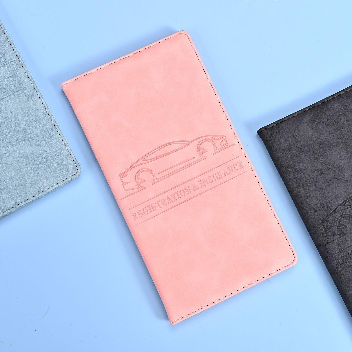 3 Pcs Premium PU Leather Car Registration and Insurance Holder - Slim Auto Document Organizer, Driver's License Wallet and Travel Passport Folder - Pink