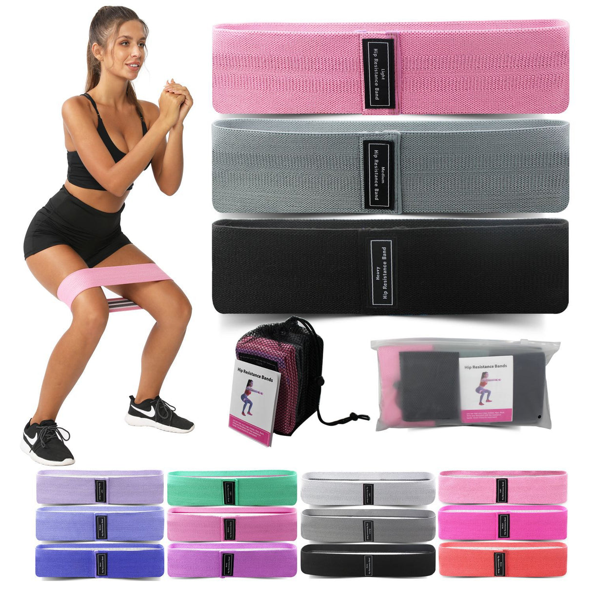 Grey Colour Scheme Fabric Resistance Bands Set - 3 Levels Non-Slip Hip Bands for Strength Training