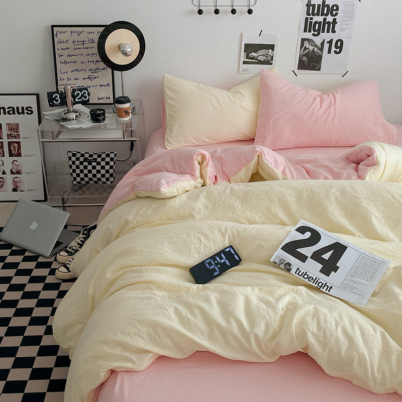 Pink-yellow 1.5m Bed Fitted Sheet Set with 200x230cm Duvet Cover - 4-Piece Bedding Set