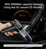 Black 3-in-1 Car Vacuum Cleaner with Blowing, Suction, and Dust Extraction - 2 x 2000mAh Rechargeable Batteries, Includes Floor Brush and Car Charger - Side View