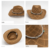 White Handmade Straw Cowboy Hat, Summer Sun Hat, Outdoor Sun Protection, Fits Head Size 58-59cm - Side View